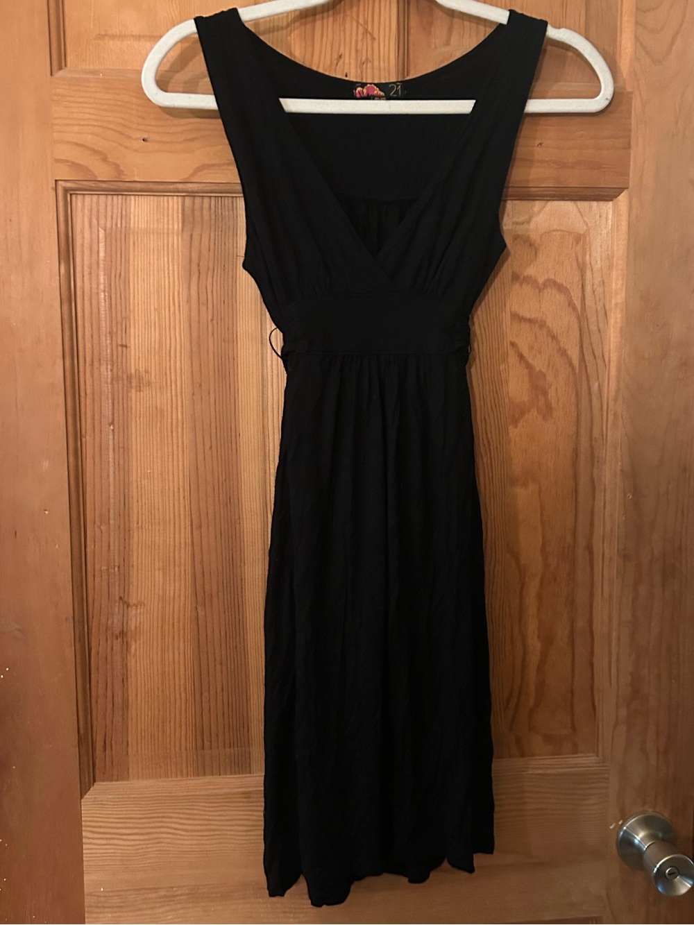 Vintage Forever 21 Black Sleeveless V-Neck Midi Dress With Wrap Around Tie
